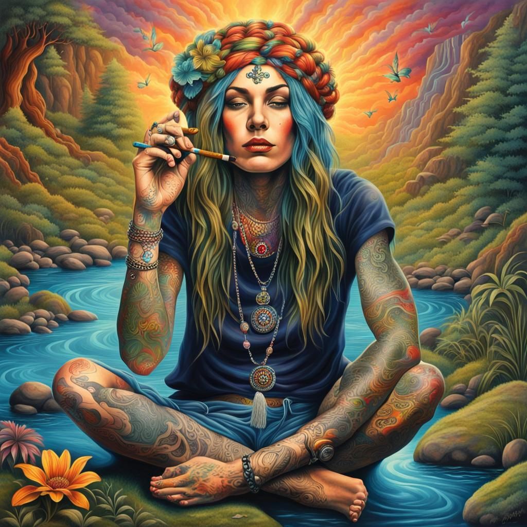 Psychedelic Stream: Tattooed Woman Smoking