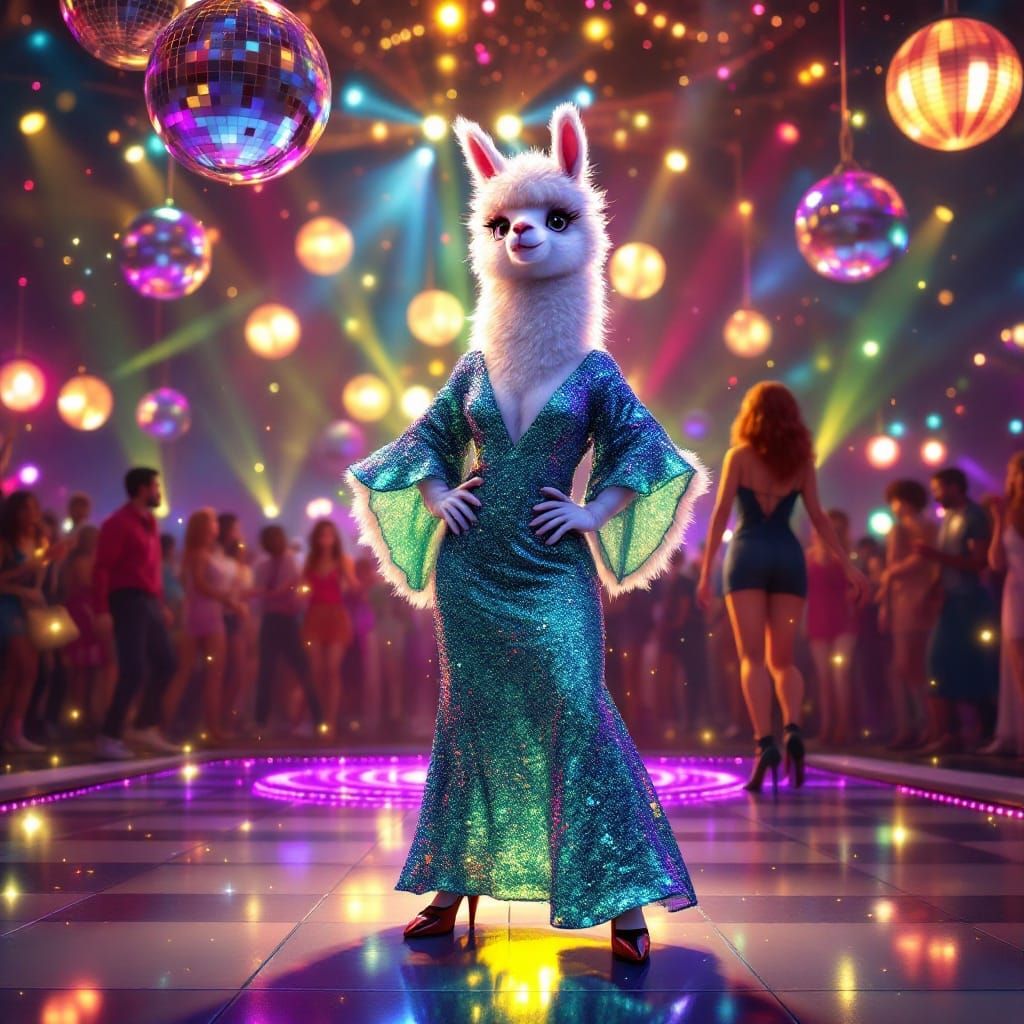 Vibrant Disco Alpaca in Sparkling 3D Cartoon Style