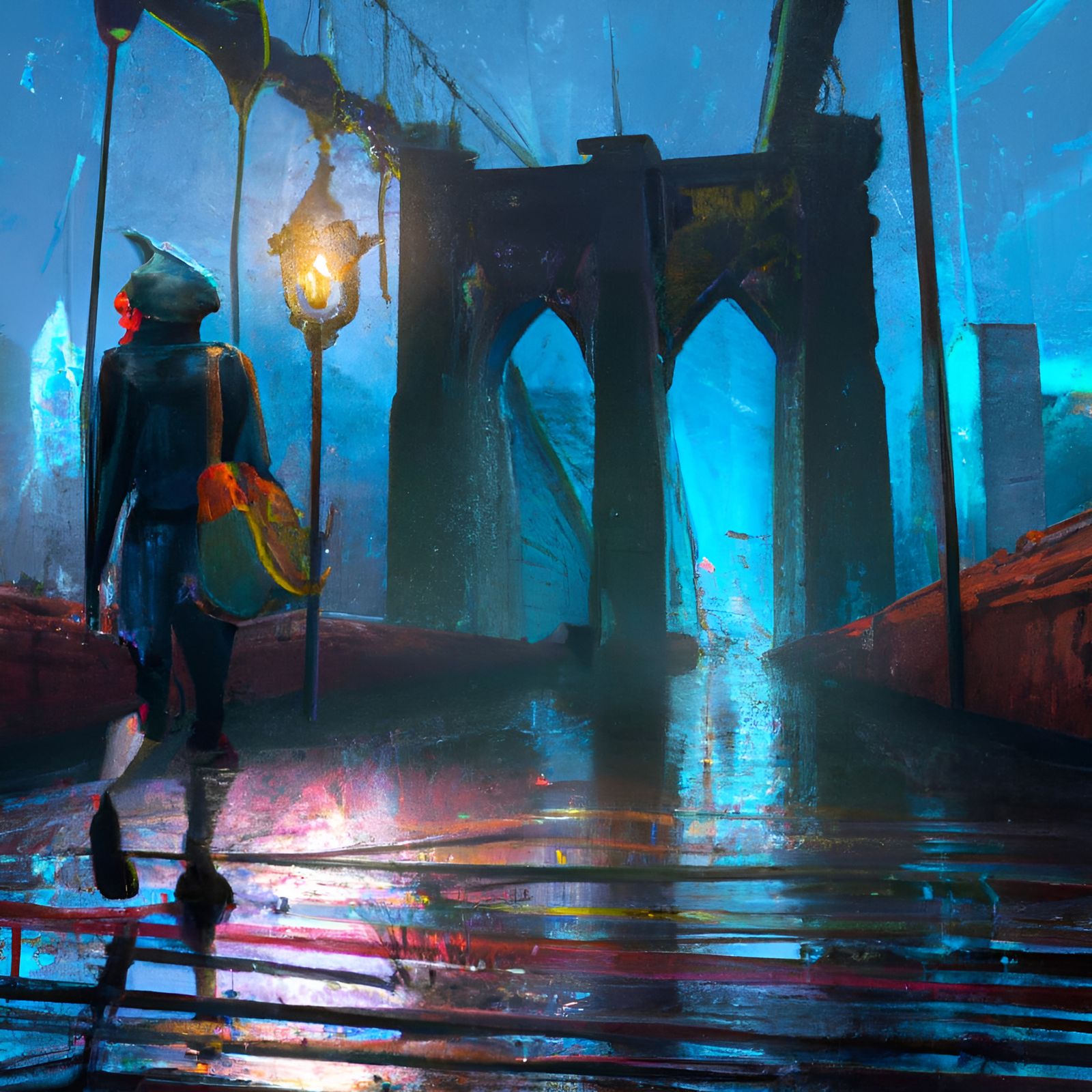 Sad Woman Walks Brooklyn Bridge in Rain: Matte Painting