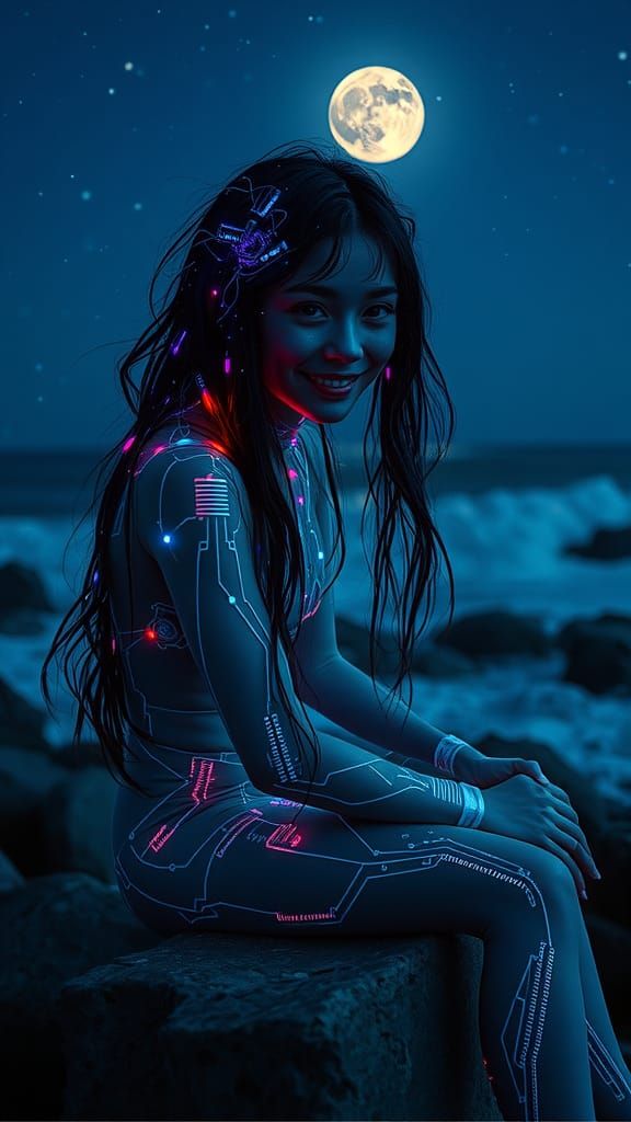Cyber Girl by the Ocean at Night