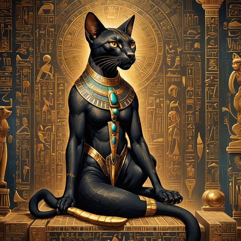 Black Bastet Goddess on Throne: Digital Art