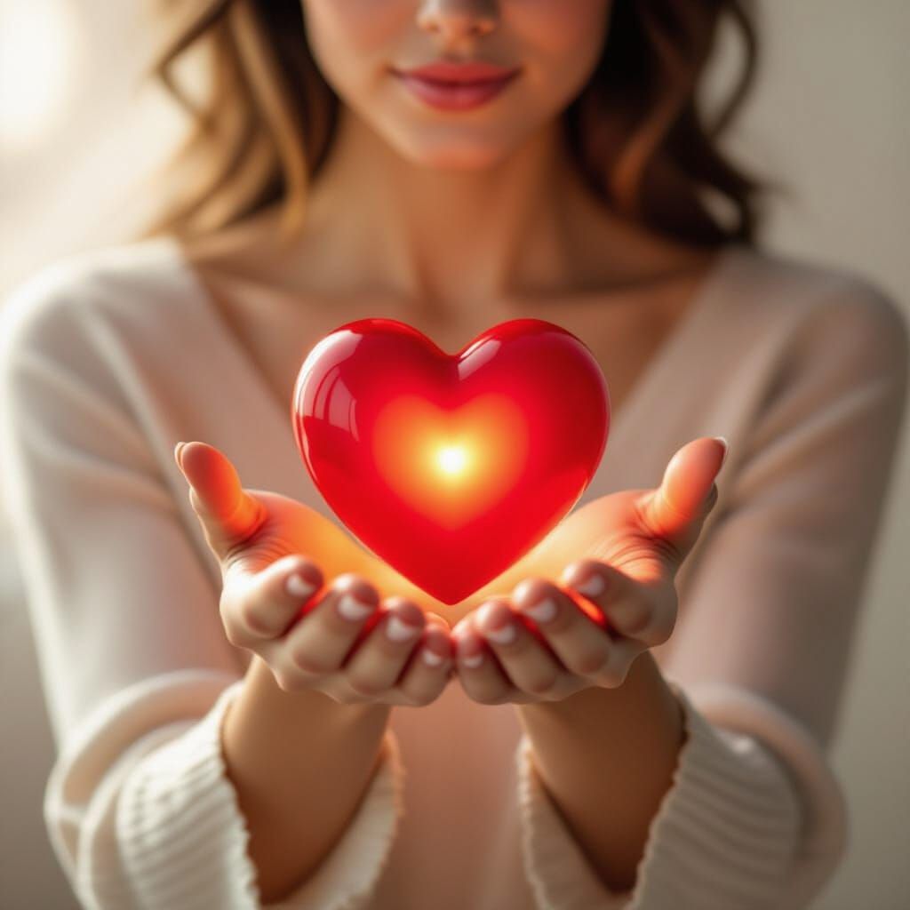Woman's Hands Cradling Pulsating Heart, Hyperrealistic 8K Ph...