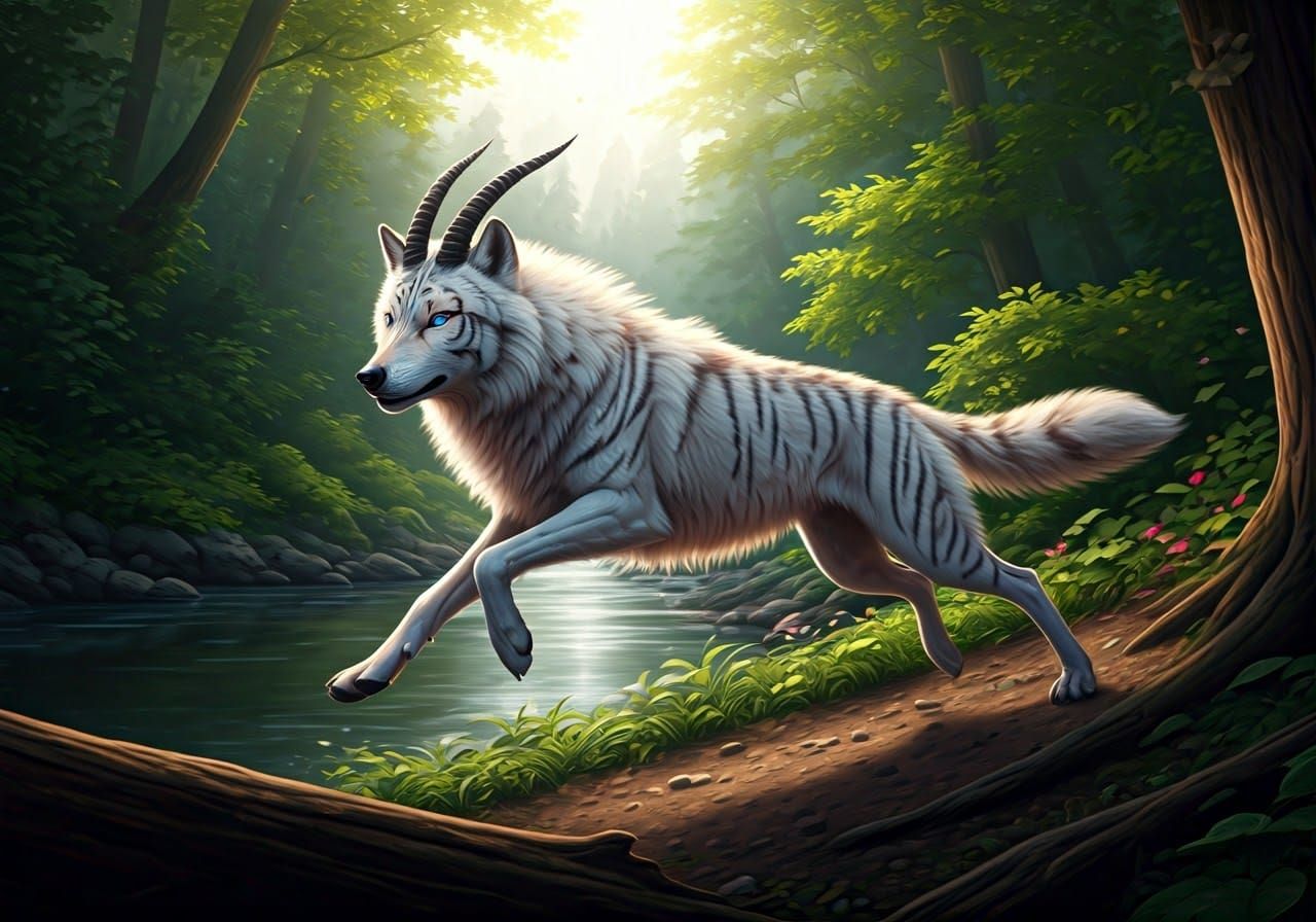 Striking White Striped Wolf in Lush Forest