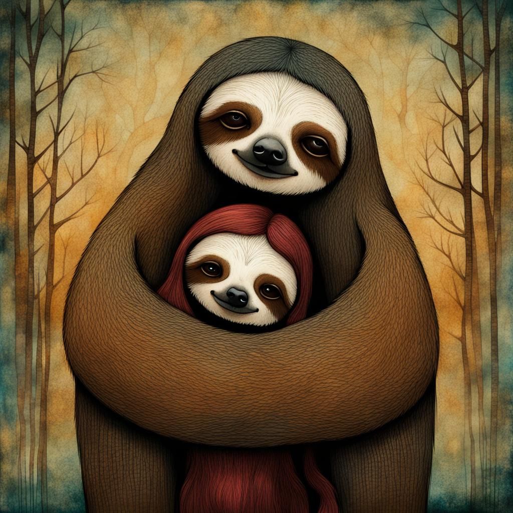 Girl Hugging Sloth in Art Brut Style