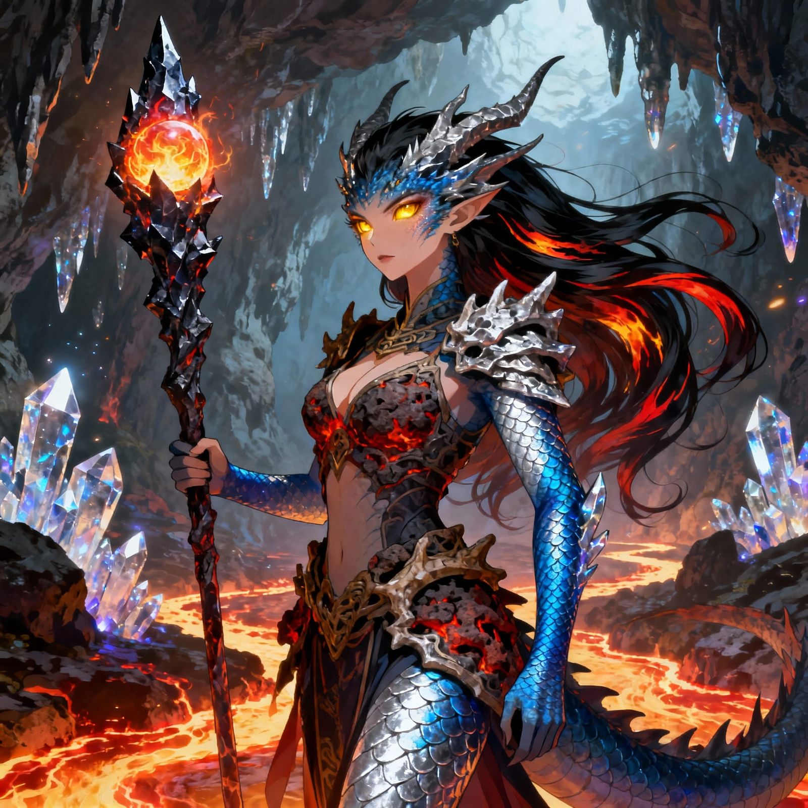Draconic Sorceress in Volcanic Cavern Anime Style
