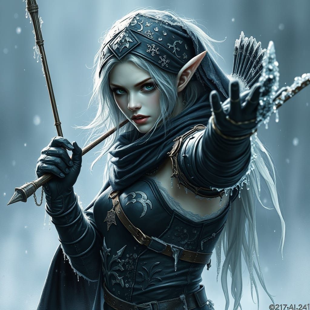 „Eine Elfenkriegerin im eisigen Wald, bewaffnet mit Pfeil un...