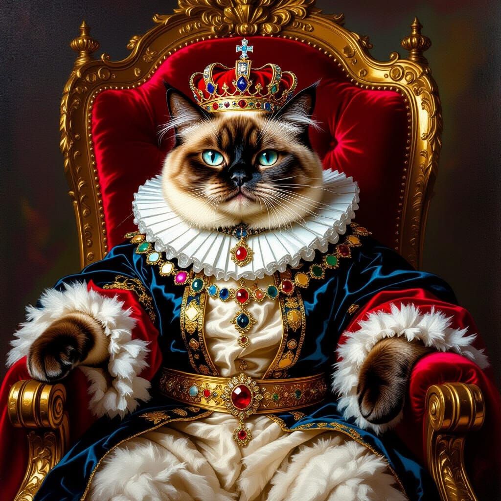 Fat Siamese Cat King on Throne in Baroque Style