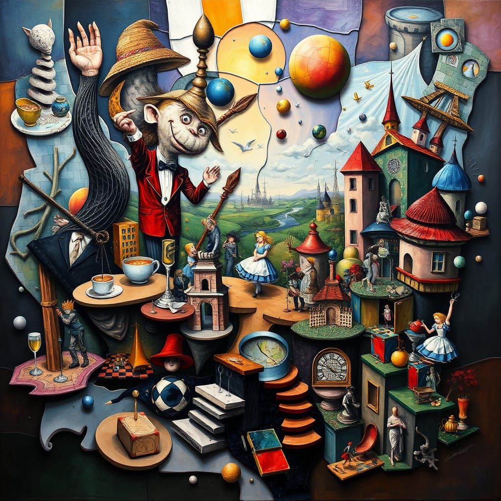 a cubist mosaic depicting Alice in Wonderland characters and...