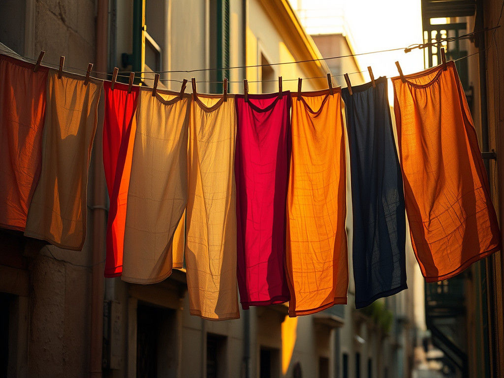 Barcelona Street Scene with Linen Clotheslines at Dusk