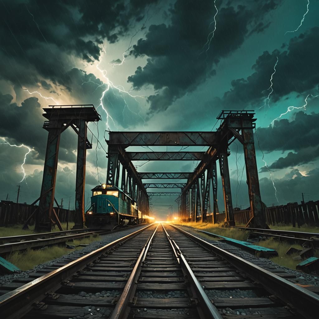 Freight Train on Bridge in Dark Fantasy Style