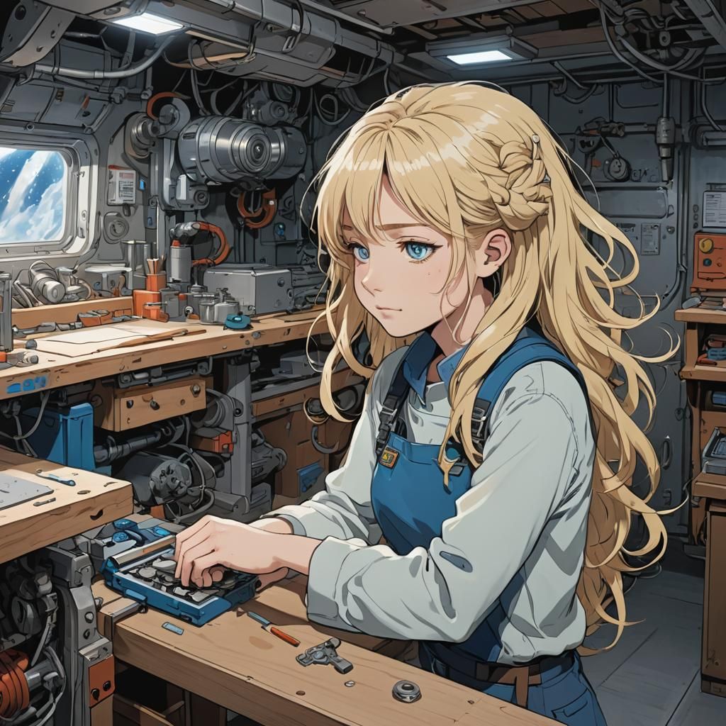 Blonde Woman Sleeping in Spaceship Workshop