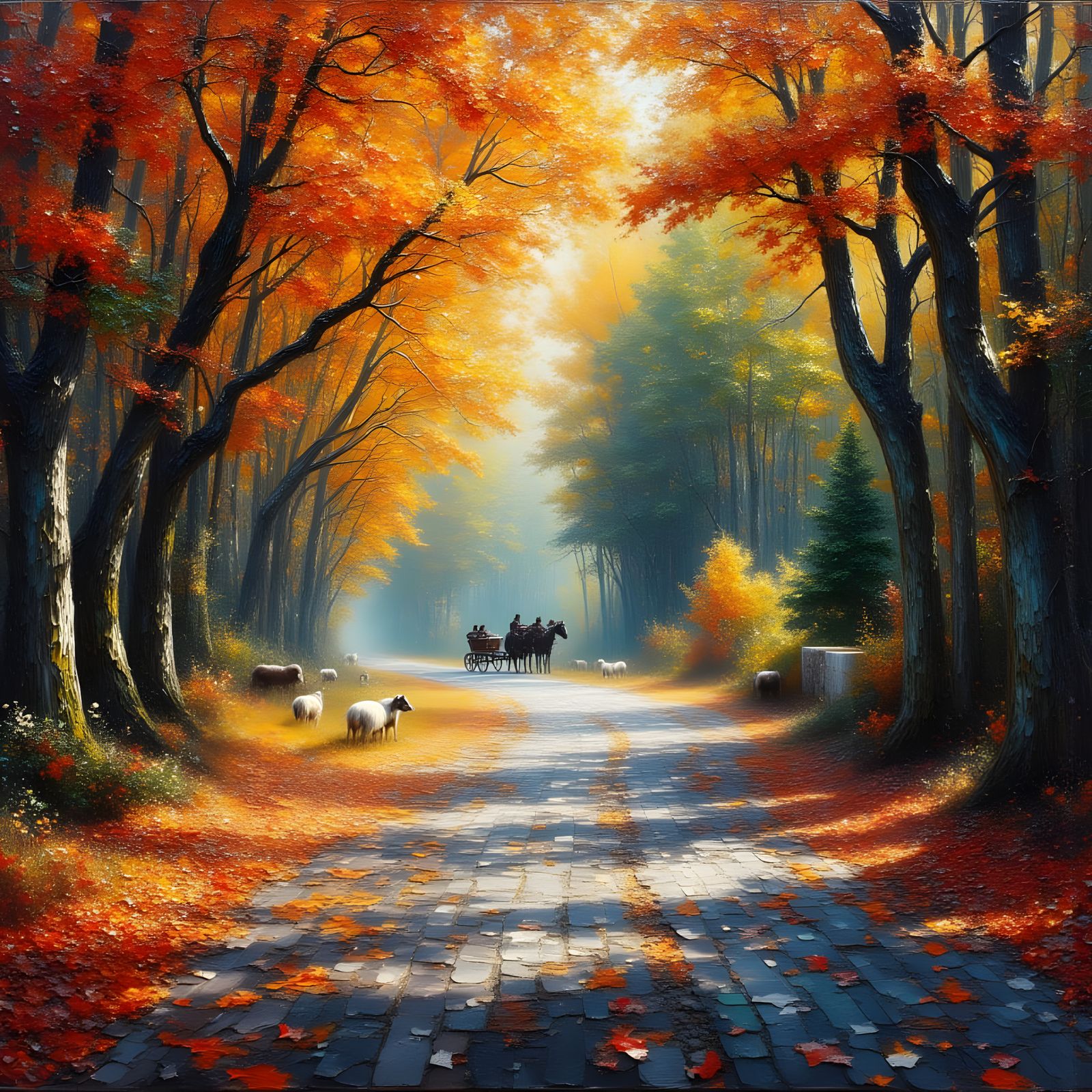 Vibrant Autumn Country Road with Horse Carriage