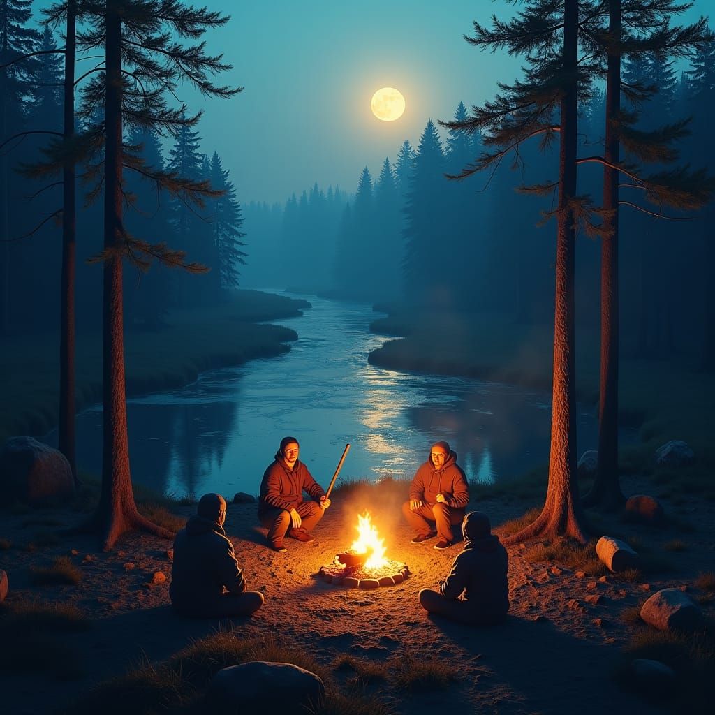 Moonlit Forest Aerial View in Matte Painting Style