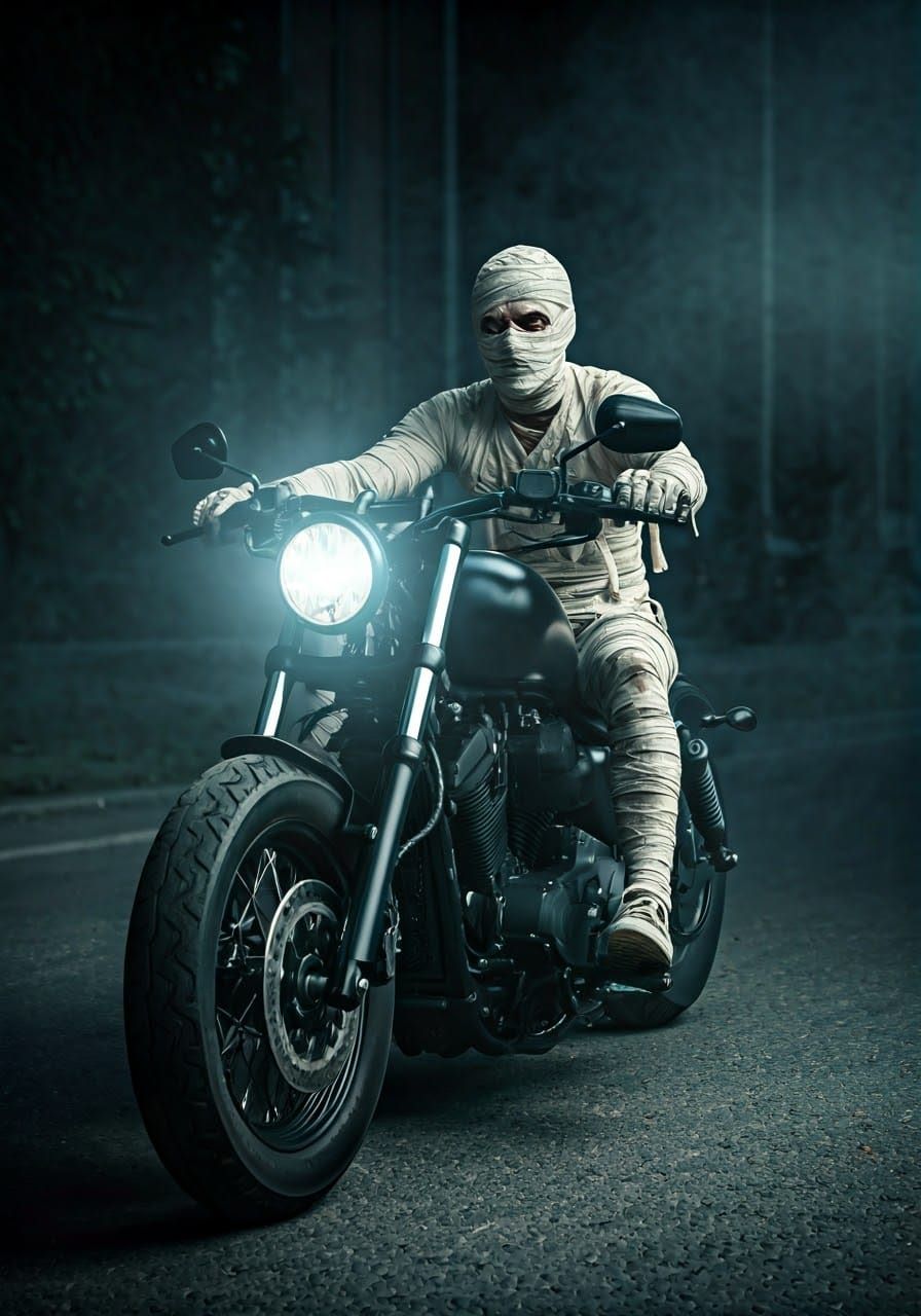 Mummy Motorbiker on Cruiser Motorcycle in Gothic Art Style