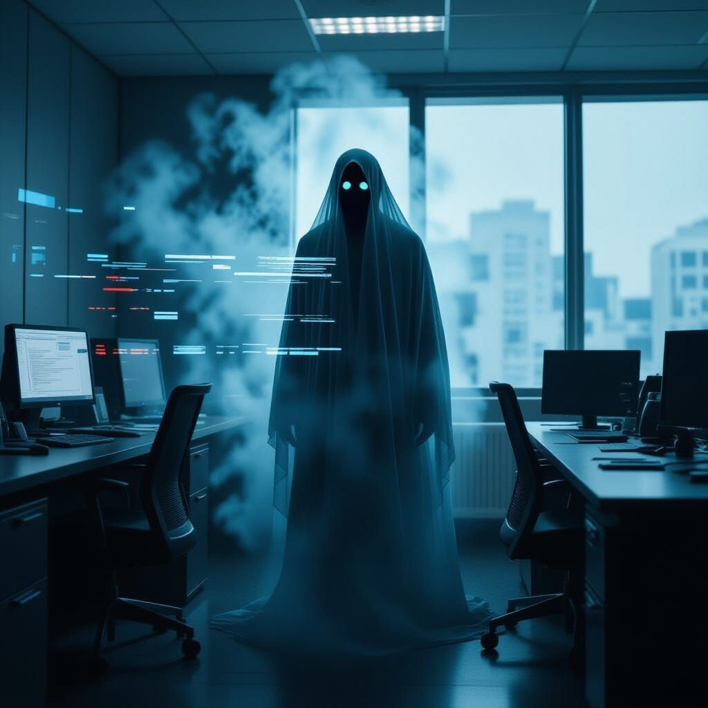 Ghostly Figure Materializing in Dark Office: Cinematic Still