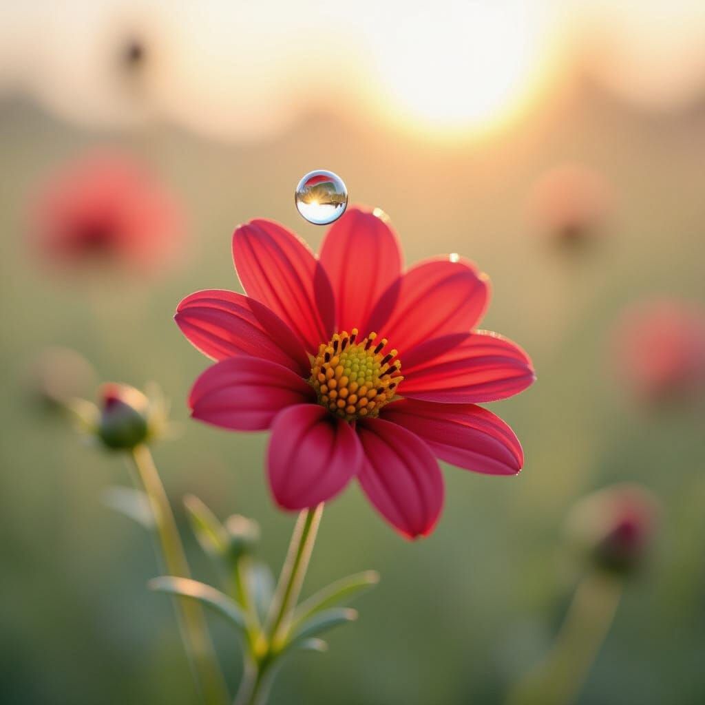 Macro Water Droplet Reflecting Red Wildflower in Photorealis...