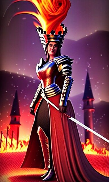 Armored Queen Amidst Burning Castle, Hyperrealistic Art