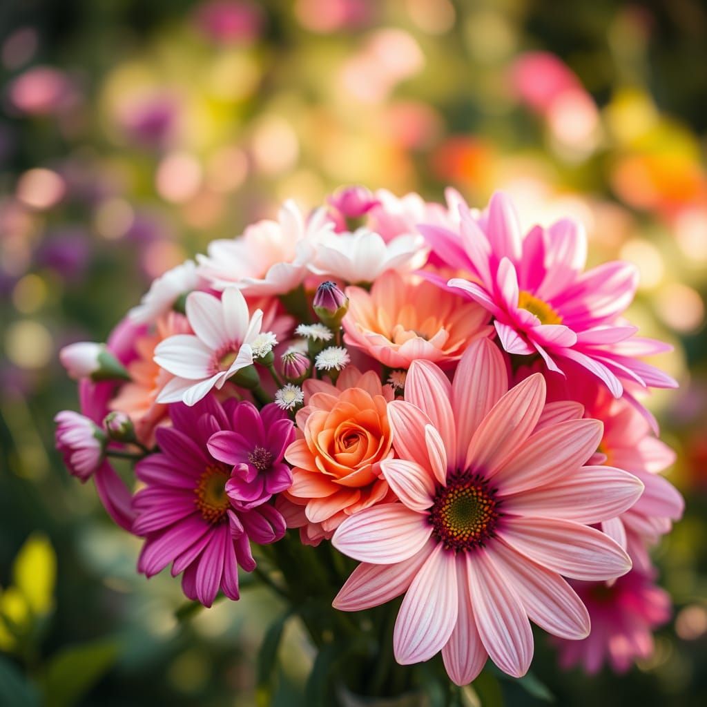 Vibrant Bouquet in Sunlit Garden with Creamy Bokeh
