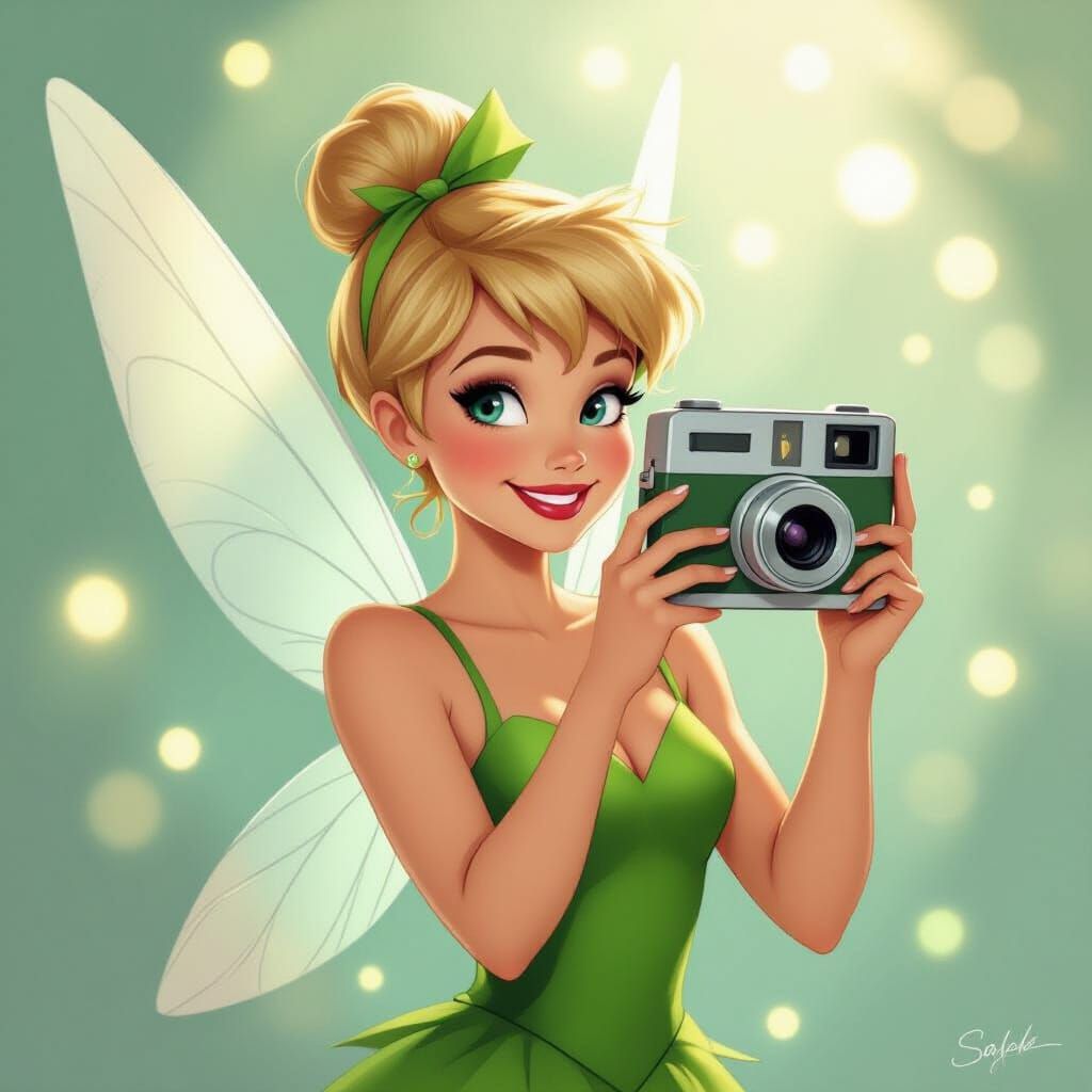 Tinkerbell Selfie with Polaroid Camera, Digital Painting Sty...