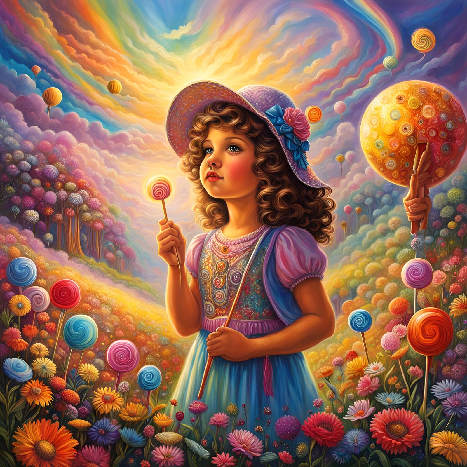 Colorful Storybook Girl with Lollipops and Rainbows