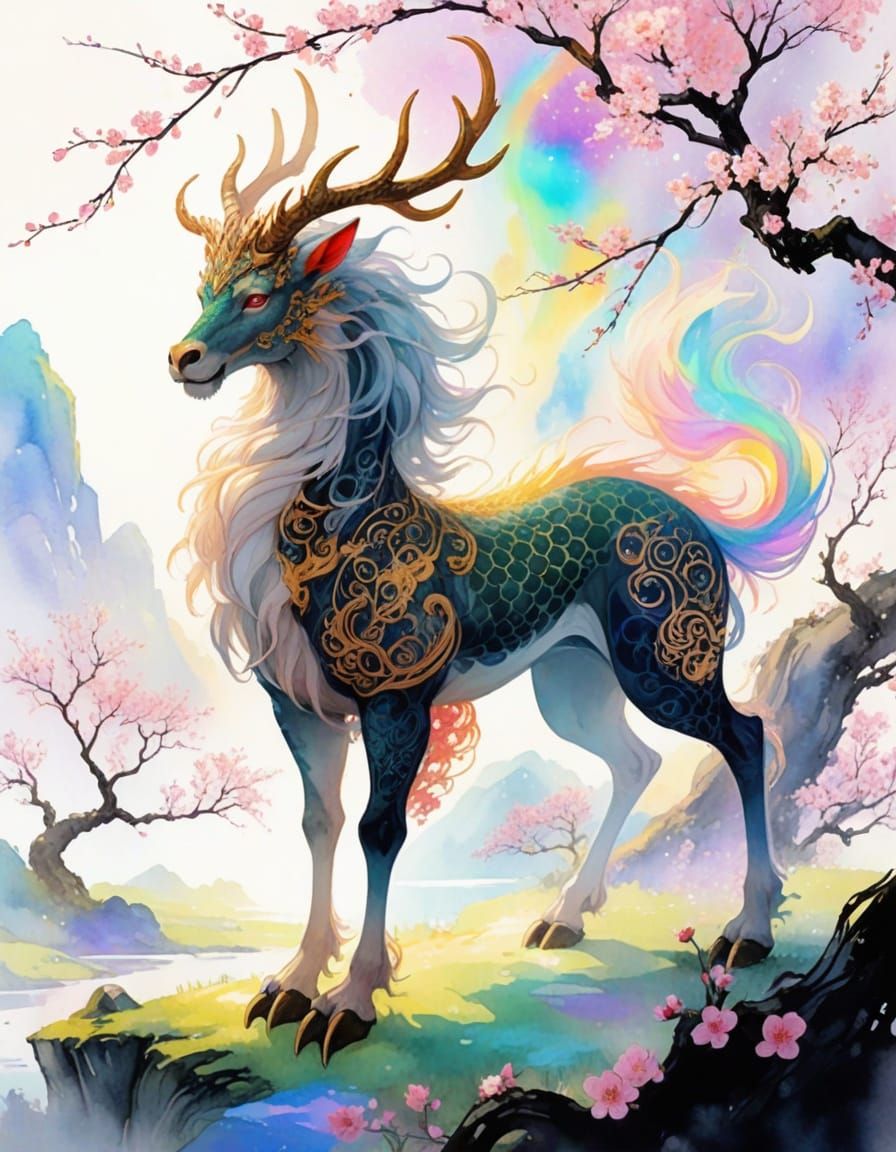 Majestic Kirin in Blooming Plum Grove Watercolor Painting