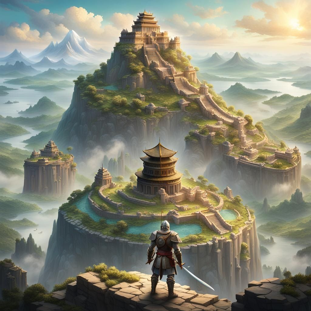 Armored Warrior Overlooking Floating Island Ruins