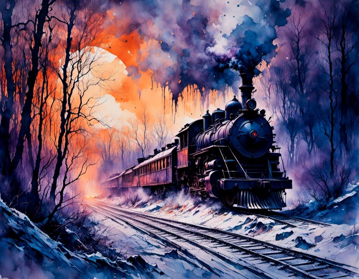Steam Train Through Snowy Forest at Sunrise in Gouache Style
