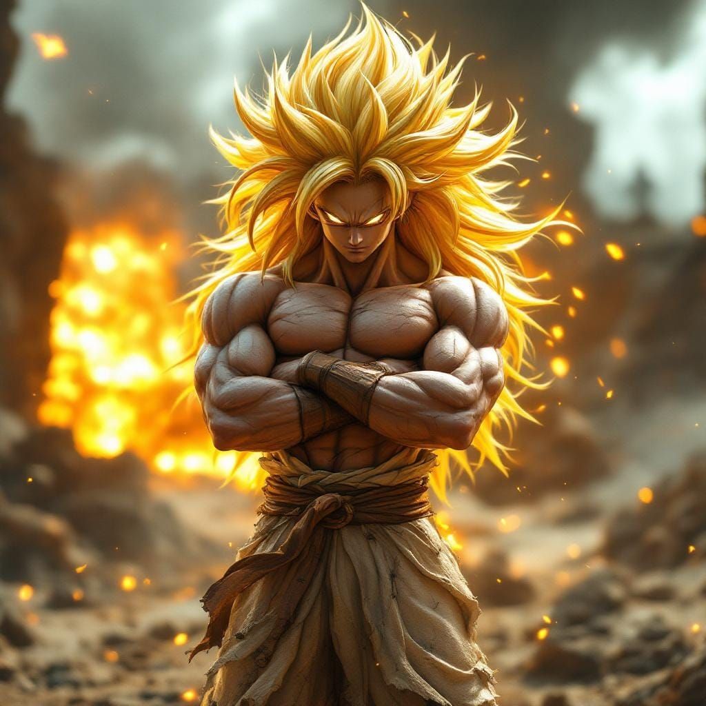 Hyperrealistic CGI Warrior in Super Saiyan Style