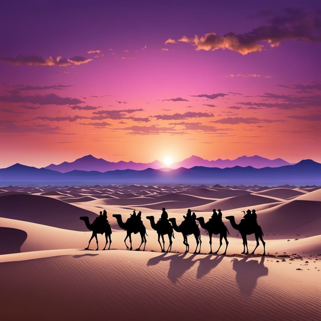 Camel Train Silhouetted Against Desert Sunset