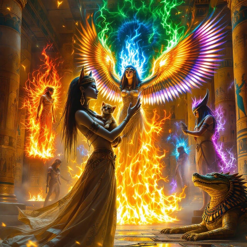 Egyptian Goddesses Levitate Amidst Multicolor Flames