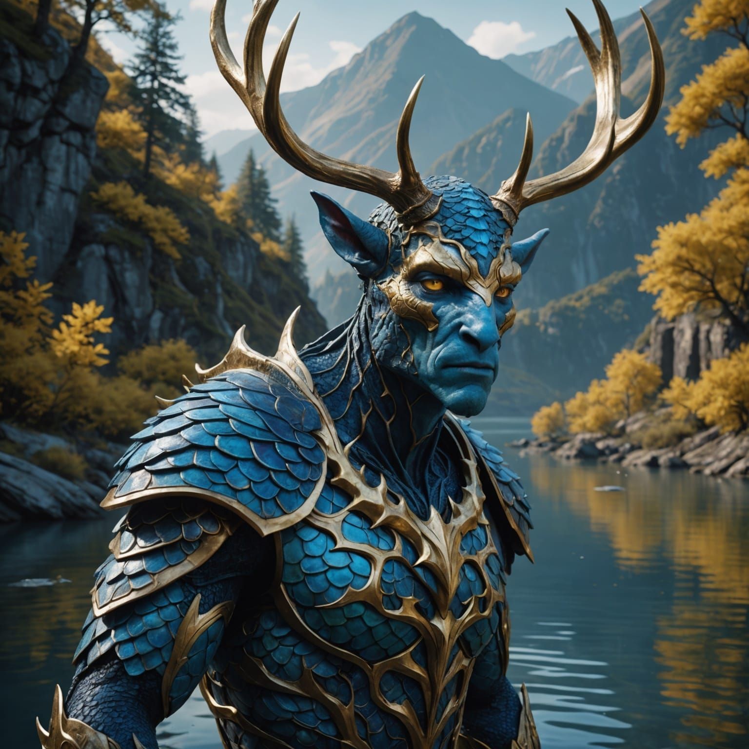 Blue Scaled Humanoid in Aquatic Landscape, Digital Art