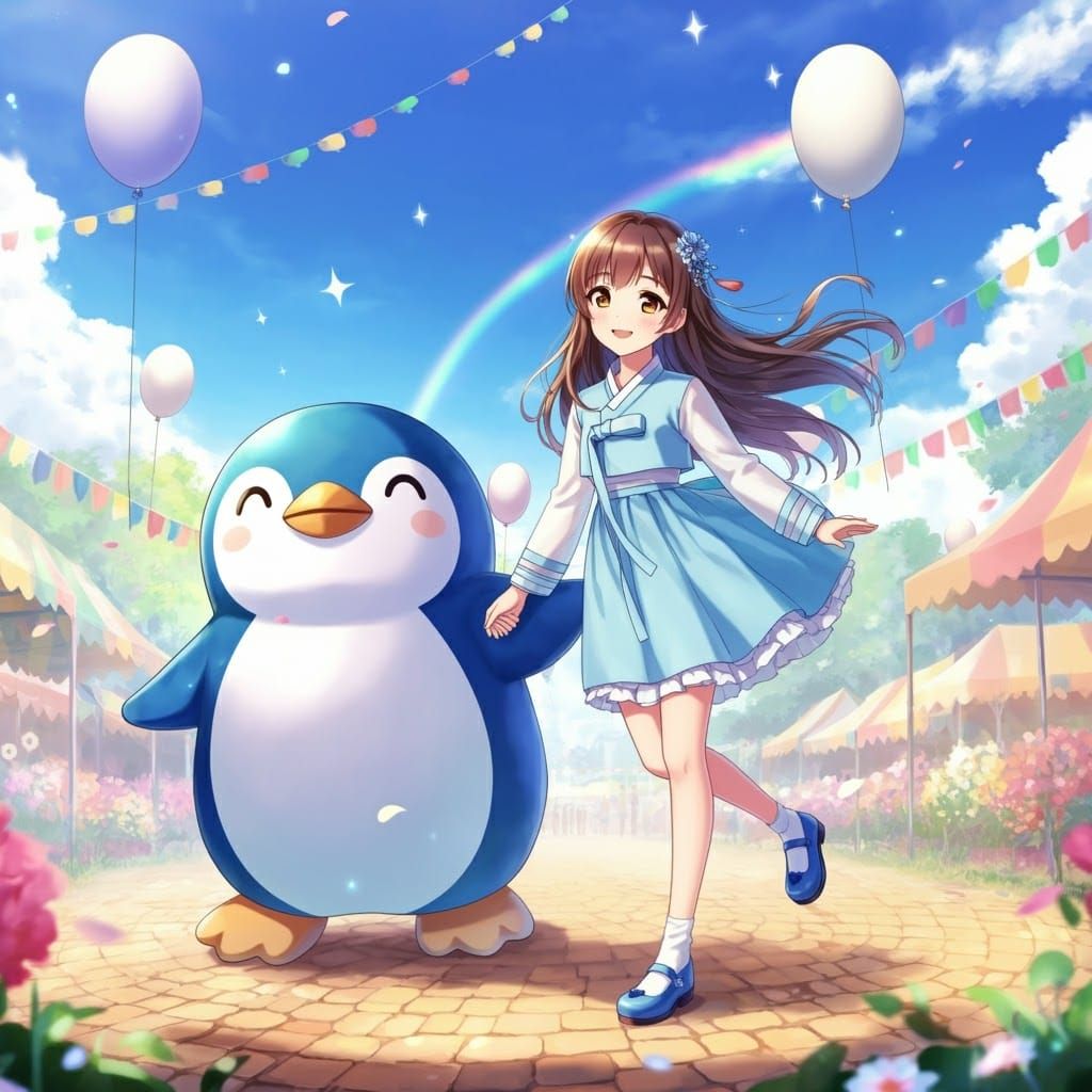 Korean Girl with Penguin Mascot at Festival Fair