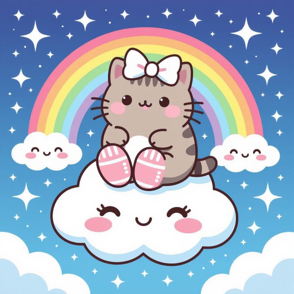 Pusheen on Cloud in Sparkly Rainbow Sky