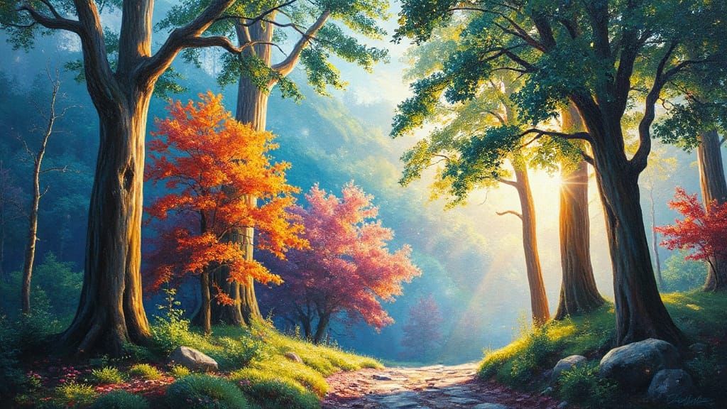 Enchanted Forest Oil Painting with Magical Sparkles