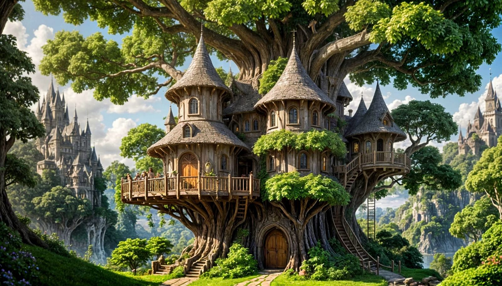 Whimsical Elven Treehouse Amidst Ancient Oak