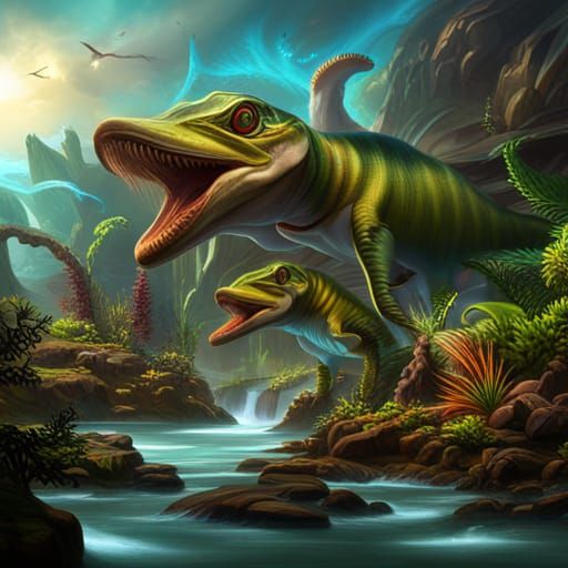 Fantastical Dinosaur and Fish Wink in Matte Painting
