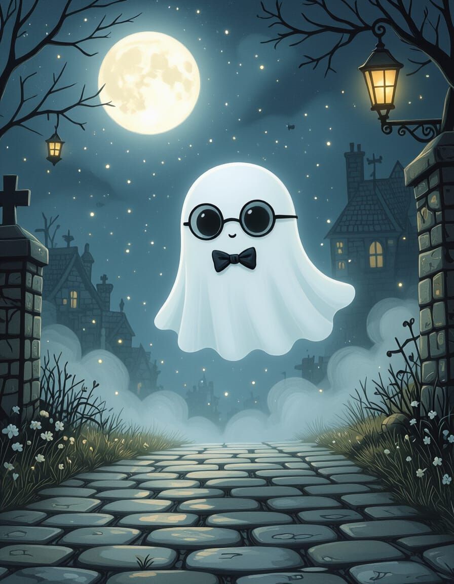 Shy Ghost in Bowtie Floats Under Pale Moonlight
