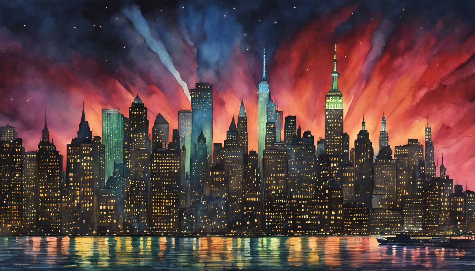 Manhattan at Night: Watercolour and Pen Art