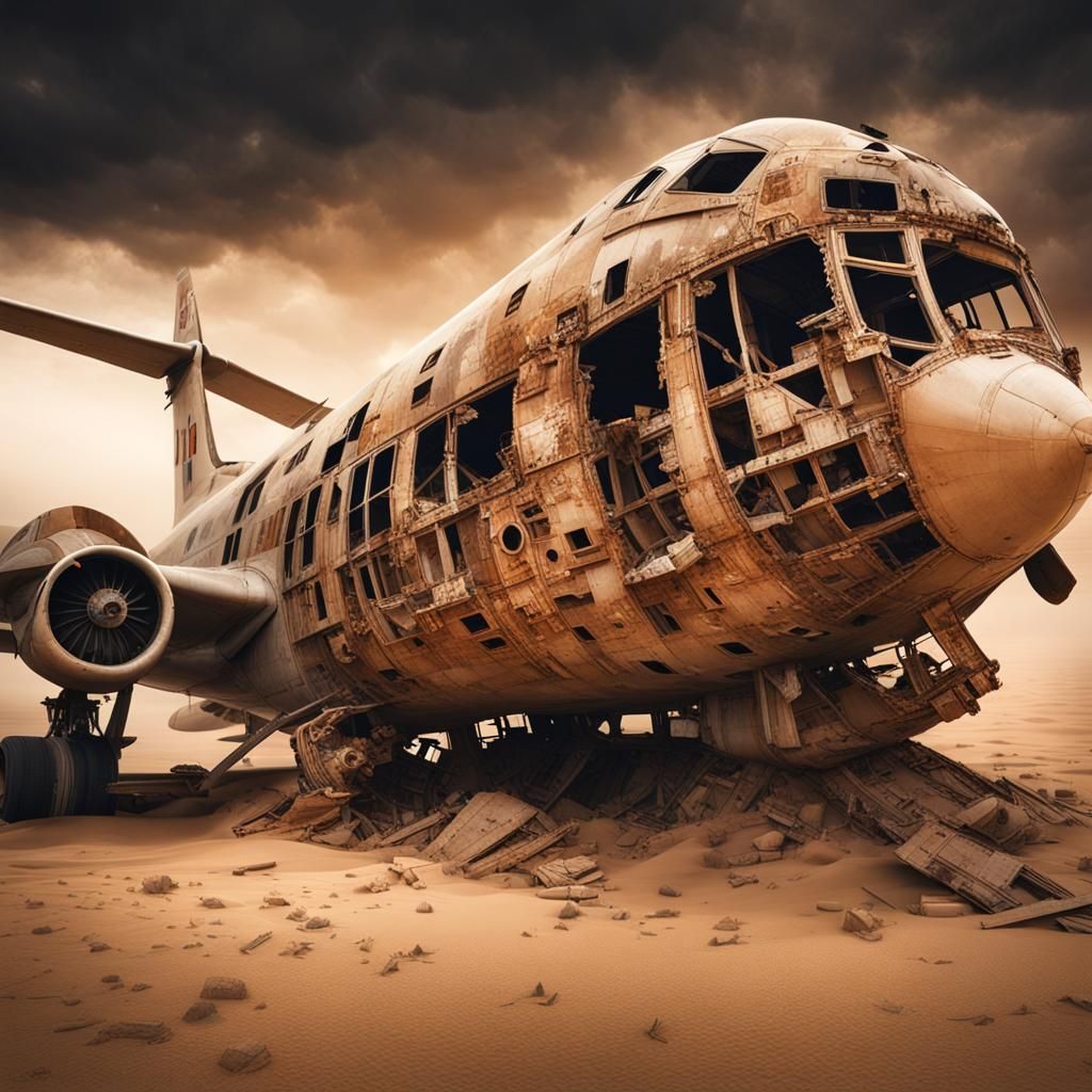 Apocalyptic Plane Wreck in Desert Sandstorm
