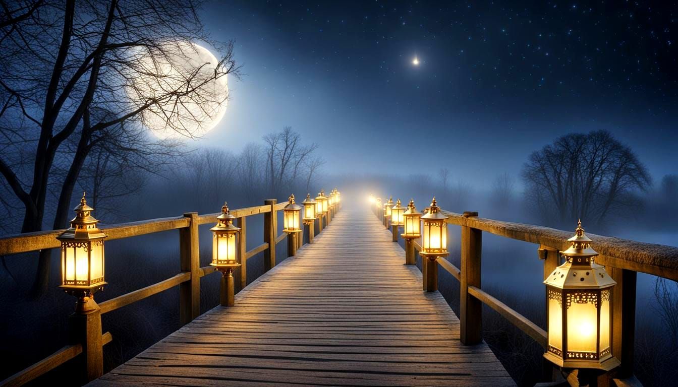 Stone Bridge Dreamscape with Golden Lantern