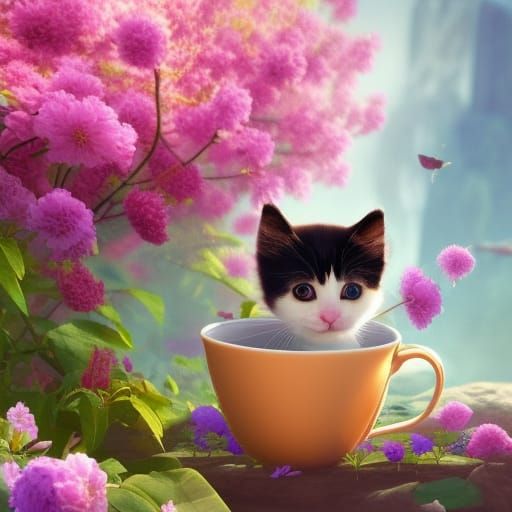 A sweet black and white kitten sitting in a orange coffee mug.