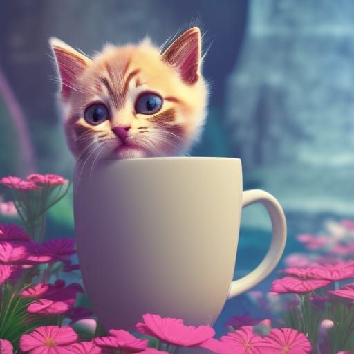 A sweet little ginger kitten sitting in a coffee mug.