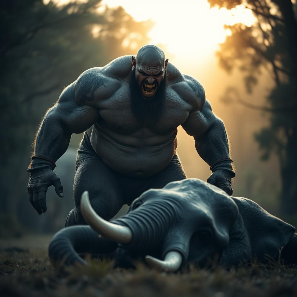 Colossal Man and Elephant in Moody Landscape