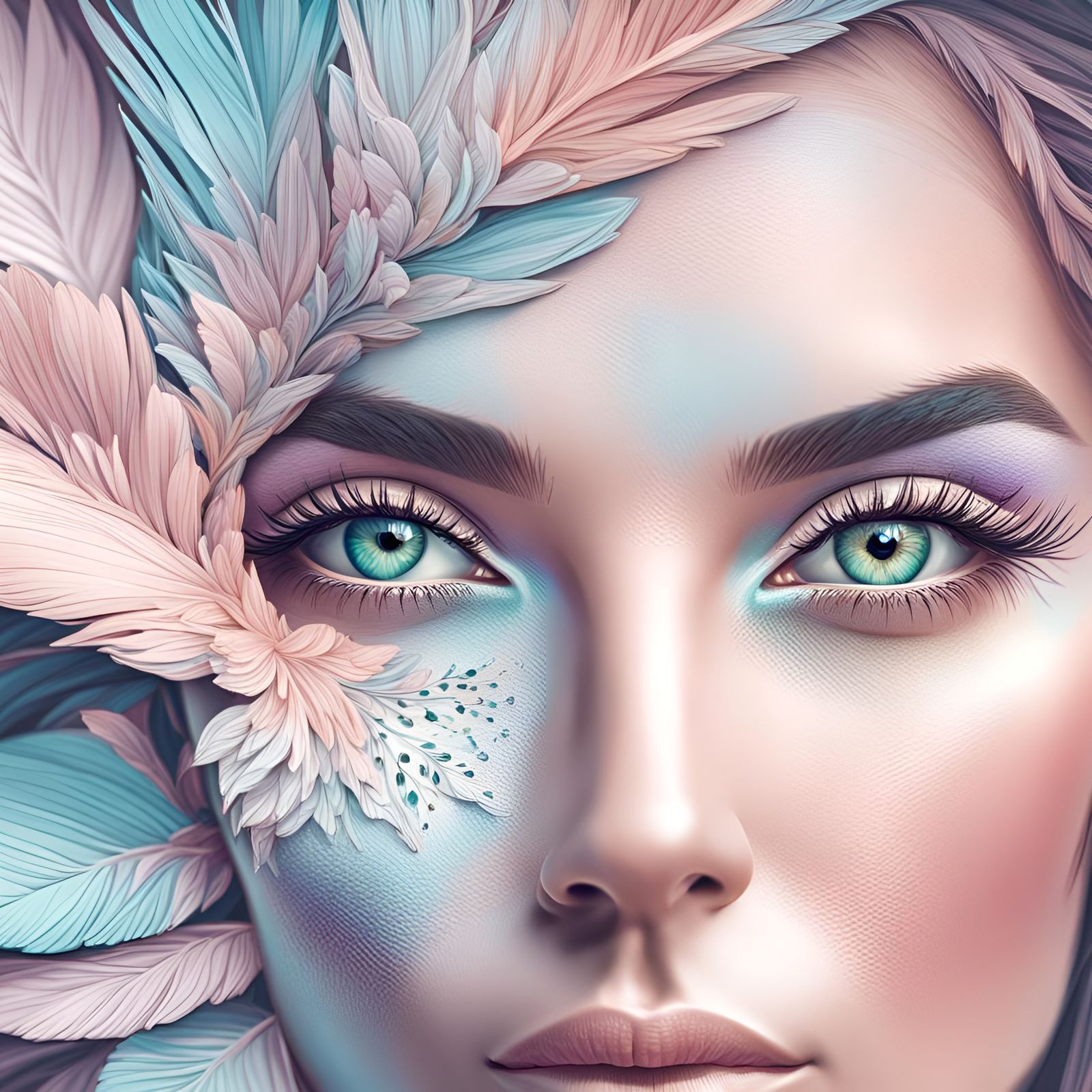 Woman's Face with Pastel Eyes, Hyperrealistic Detail