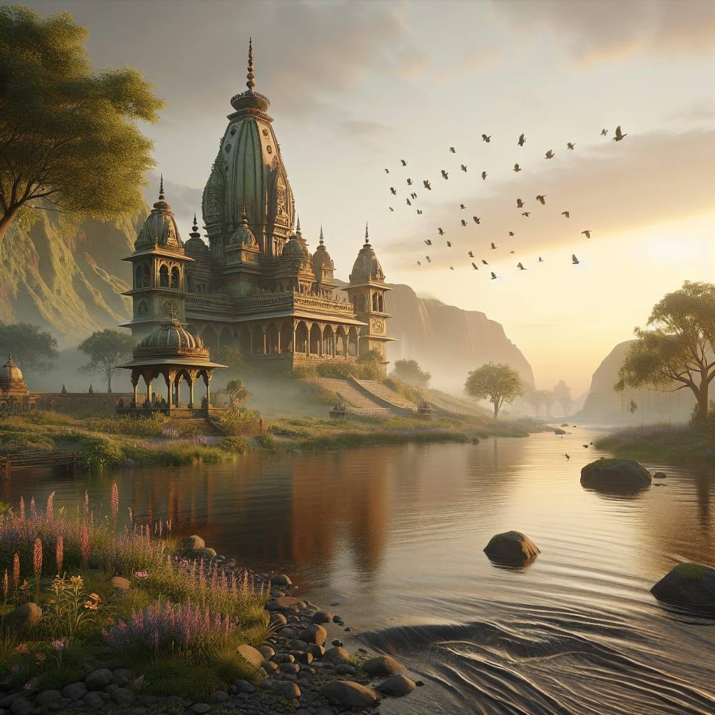 Hindu Temple at Sunrise: A Serene Landscape