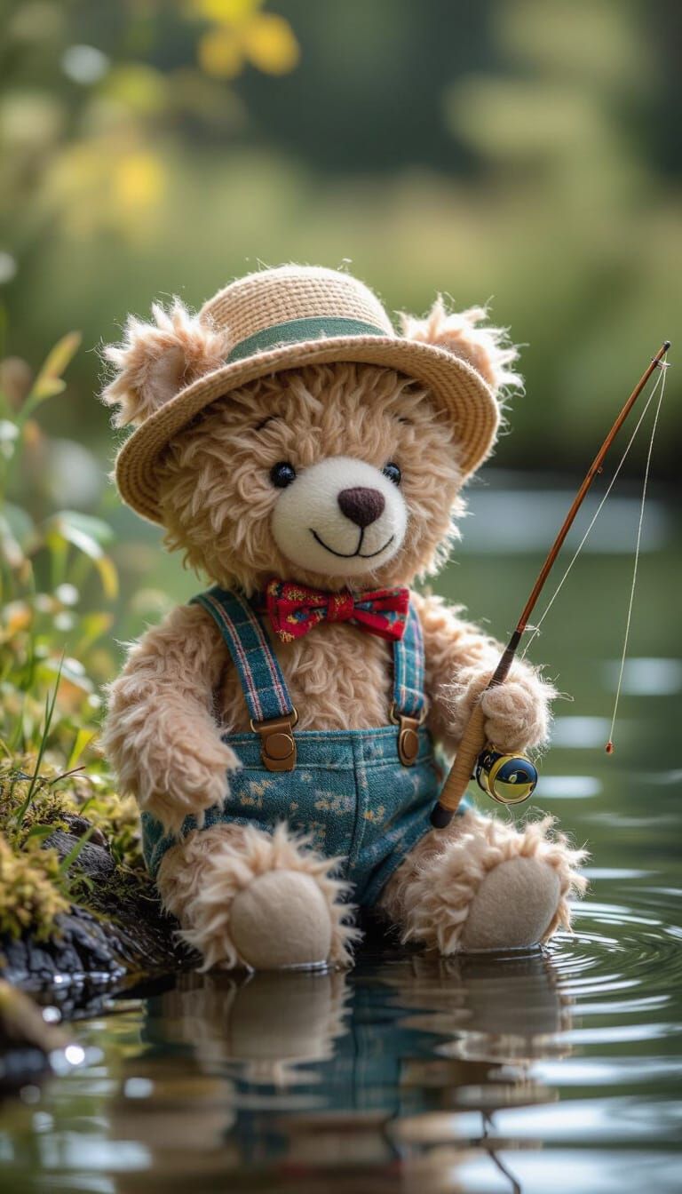 Felted Bear Fishing by Pond: Whimsical Illustration