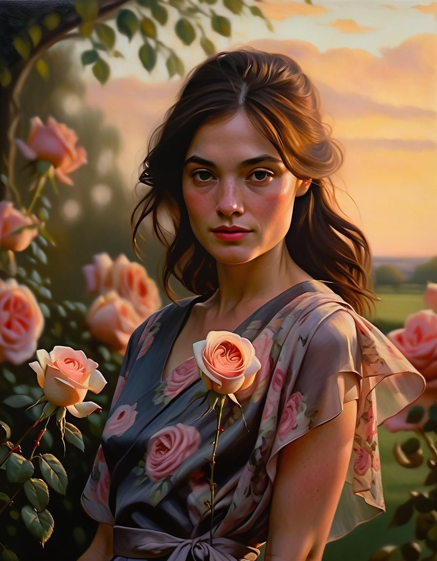 Ethereal Woman in Garden: A Chiaroscuro Oil Painting