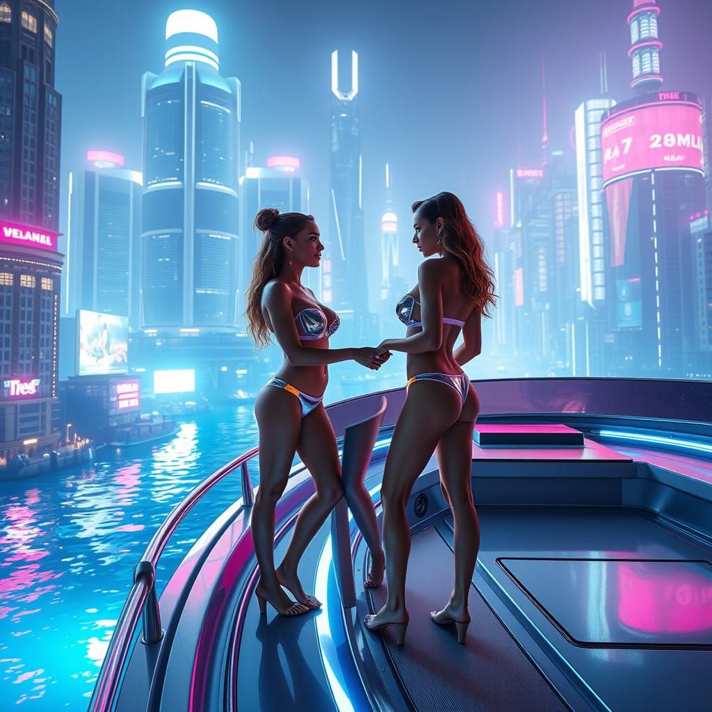 Cyberpunk Lagoon Scene with Neon Lagoon and Futuristic Citys...