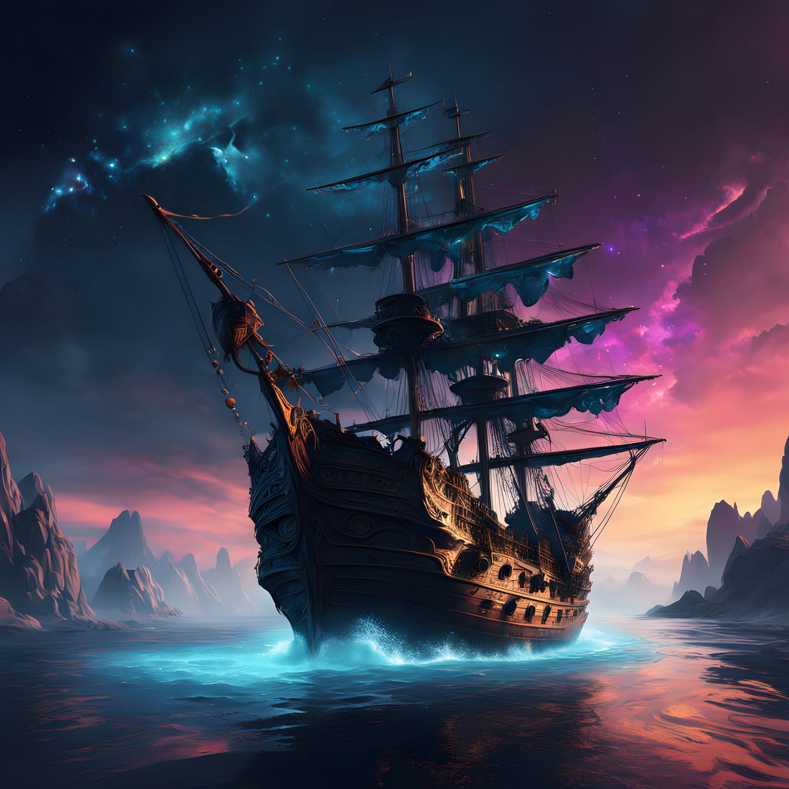 Celestial Gothic Galleon Sailing in Space