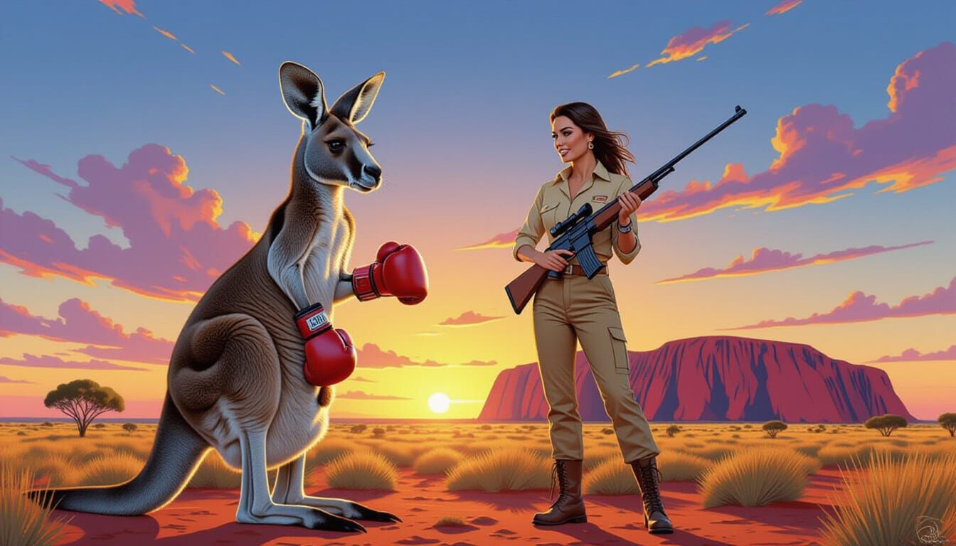 Kangaroo Boxer Faces Woman at Uluru Sunset